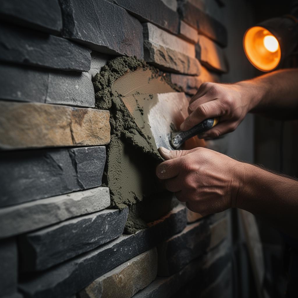 Close-up of masonry craftsmanship in progress