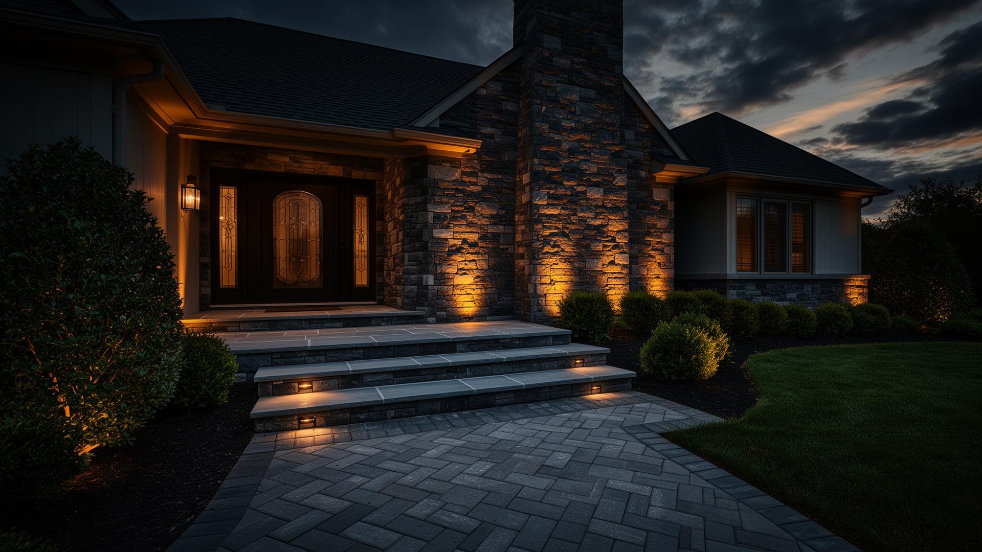 Luxury New Jersey home with custom stone entry, bluestone steps, and herringbone paver walkway at dusk — masonry and concrete by Trasca's